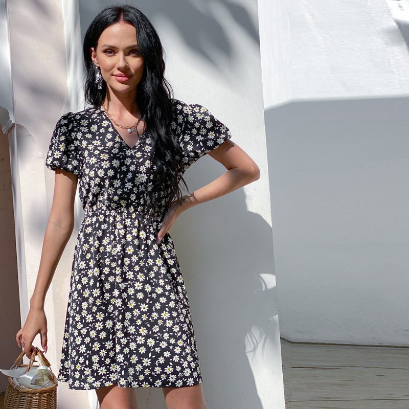 Women Clothing Princess Sleeves Chamomile Short High Waist V-neck Black Sexy Floral Dress - Image 3