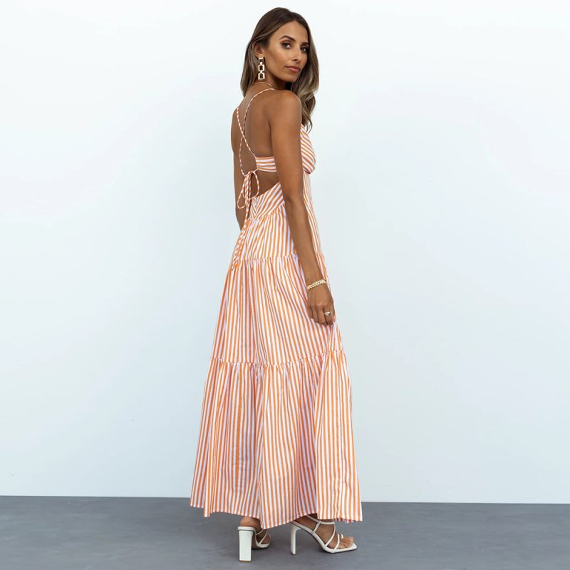 New Women Clothes Striped Halter Lace-up Lotus Leaf Stitching Dress Fashion - Image 2