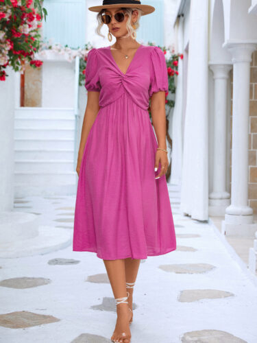 Spring Summer Women  Clothing Solid Color Short Sleeve Twist Dress
