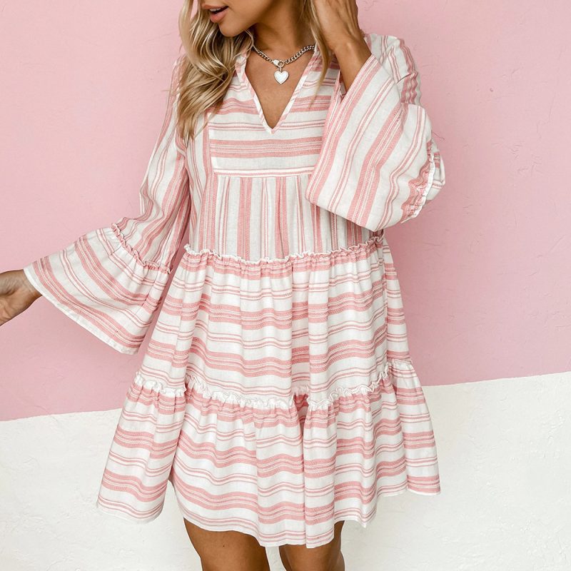 Spring Summer Women Floral Print V-neck Flared Long Sleeve Stitching Casual Swing Babydoll Dress - Image 2
