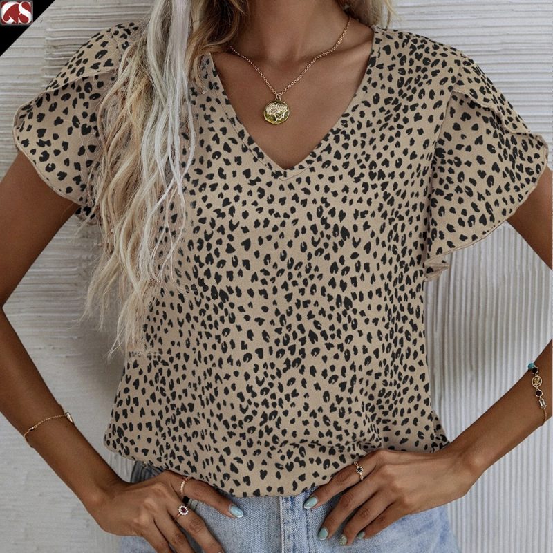 Short Sleeve Leopard Print Shirt Women  Summer Office V neck Cross Sleeve Top - Image 2