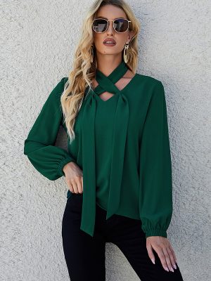 New Autumn Winter Women Clothing Shirt Solid Color V-neck Lace up Long Sleeve Shirt