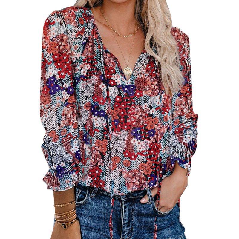 Bohemian Long-Sleeved Chiffon Shirt Women Loose V-neck Pullover Top - Image 5