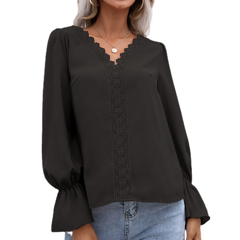 Autumn Elegant V-neck Hollow Out Hollow Out Cutout Lace Long Sleeve Shirt for Women - Image 4