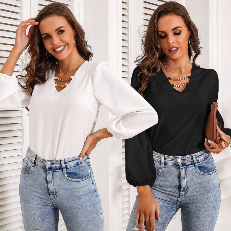 Women Clothing Spring Summer Casual V-neck Chain Chiffon Shirt Lantern Sleeve Shirt - Image 5