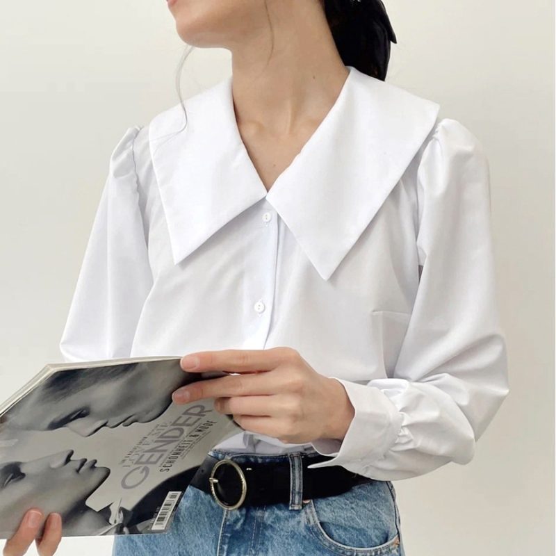 Summer French Office Sailor Collar Casual Long Sleeves Shirt Classic Niche White - Image 3