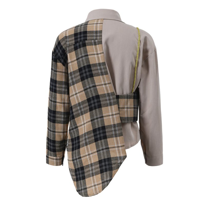 Plaid Stitching Faux Two Piece Single Breasted Long Sleeve Shirt Women Irregular Asymmetric Single Shoulder Suspender Shirt Spring - Image 3