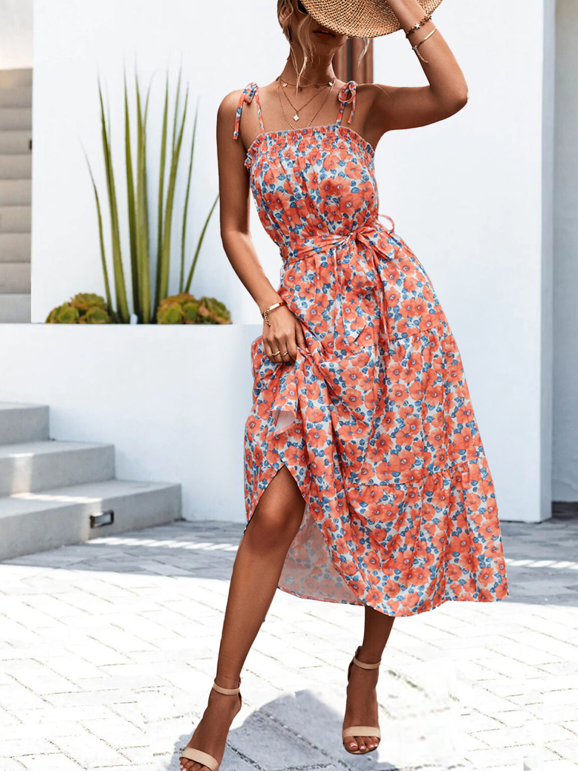 Spring Summer Sling Pocket Pleating Floral Mid Length Dress Women - Image 2