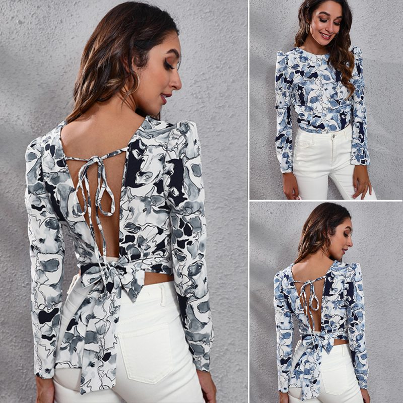 Backless Lace up Puff Sleeve Tie-Dye Printing Women  Cropped Top  Women  Clothing - Image 2