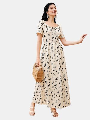 French Sweet Fresh Floral Adult Lady like Woman Belly Covering Long Niche Dress Women