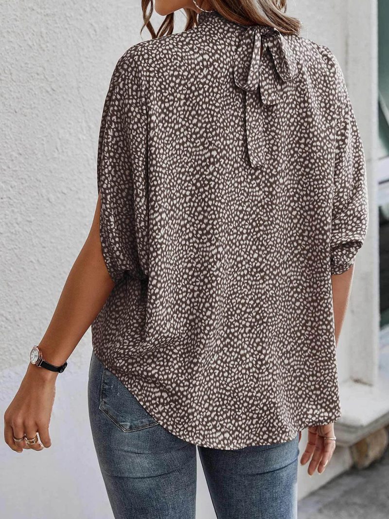 Women Clothing Summer Batwing Sleeve Top Leopard Print Printed Lace Up Elegant Chiffon Shirt - Image 2