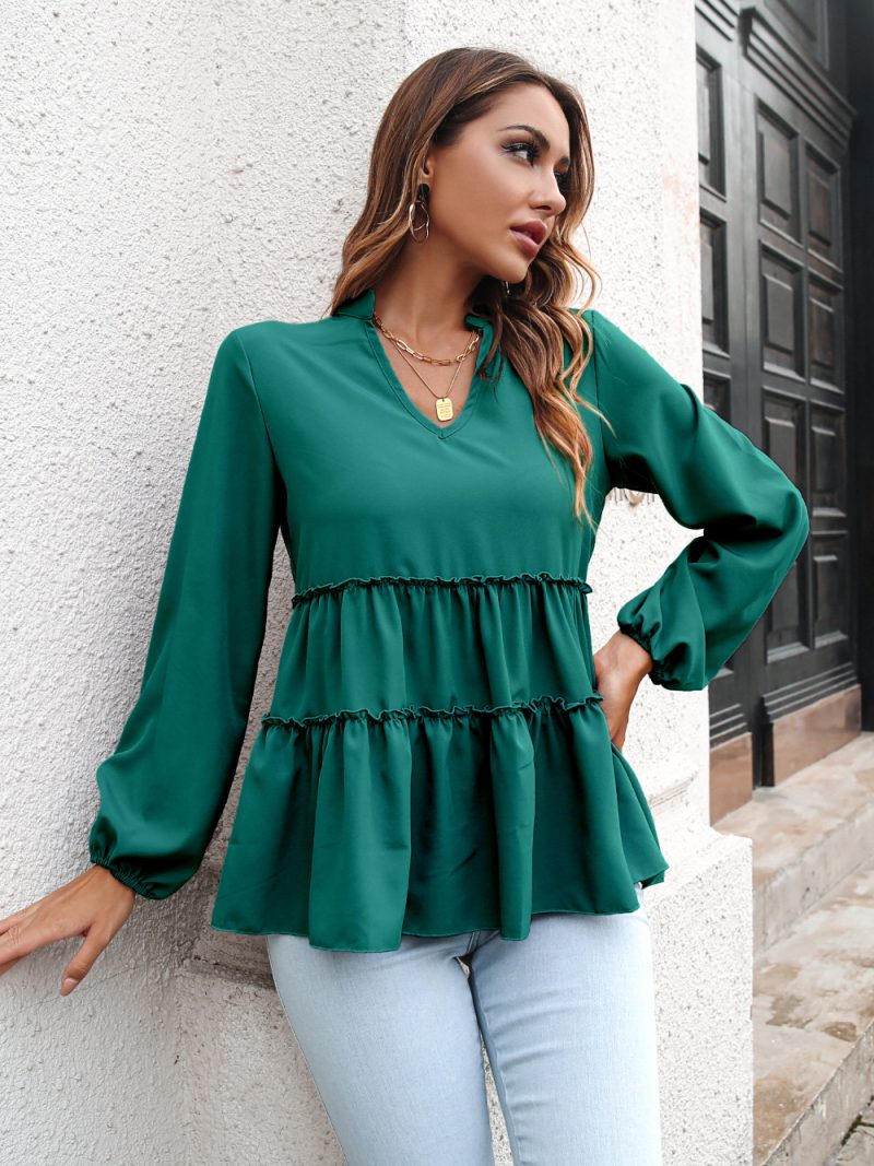 Women Clothing Autumn Winter V-neck Ruffled Loose Casual Top Chiffon Shirt - Image 2