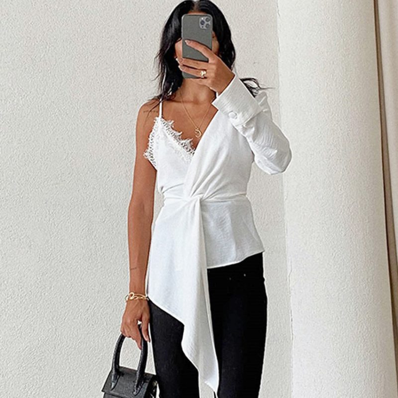 Summer Lace Stitching Irregular Asymmetric Champray Niche Shirt Women Sling - Image 4