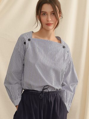 Niche Design Square Collar Shirt Spring Office Bandage Dress Striped Loose Long Sleeve Pullover Top Women