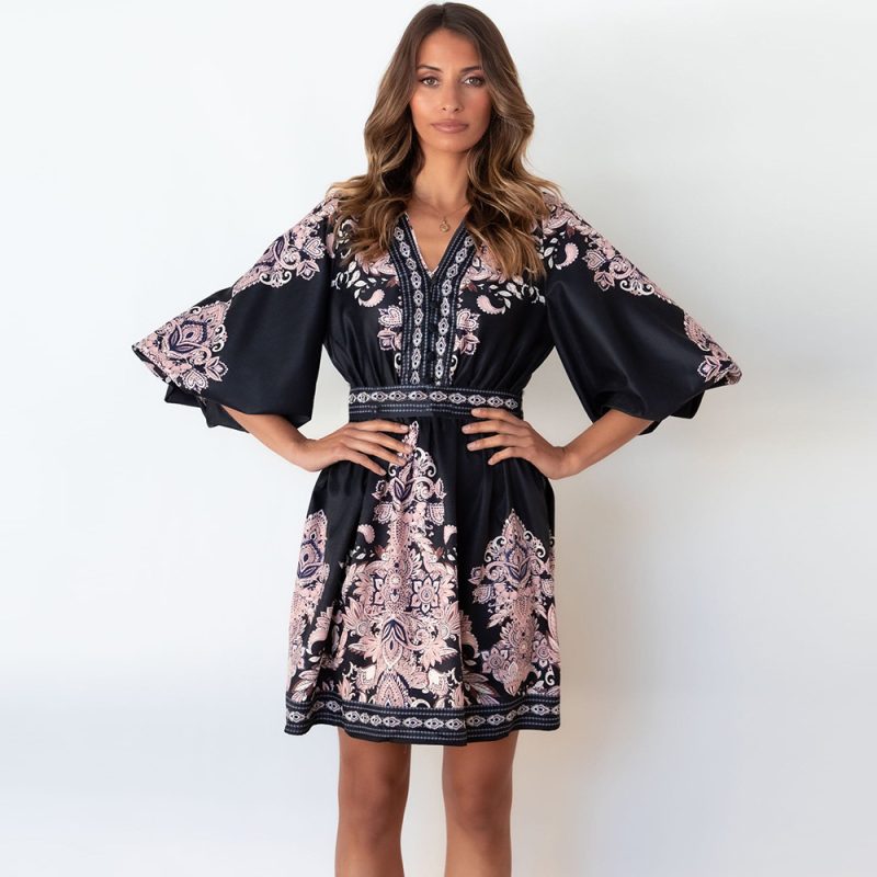 Women Clothing  Lantern Sleeve Summer Retro Printed V-neck Short Dress for - Image 3