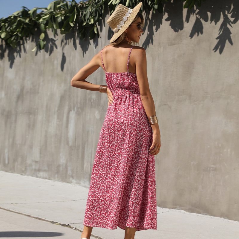 Summer Floral Print V-neck Belt Strap Dress Large Swing Dress For Women Sundress - Image 4