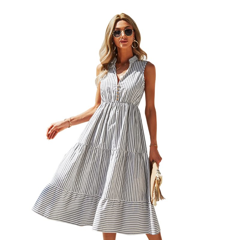 Shirt Collar Waist-Controlled Large Hem Dress Summer Stripes - Image 5