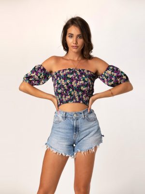 Women Clothing Elegant Sexy Slim Fit off Shoulder Small Floral Smocking Short Top Vest