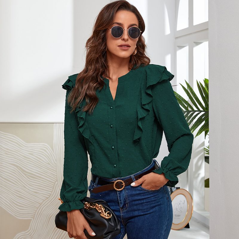 Autumn Solid Color Jacquard Ruffled V-neck Top for Women - Image 3