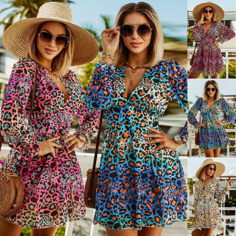 Dress Women Clothing Autumn Winter V-neck Leopard Print Dress Long Sleeve - Image 4