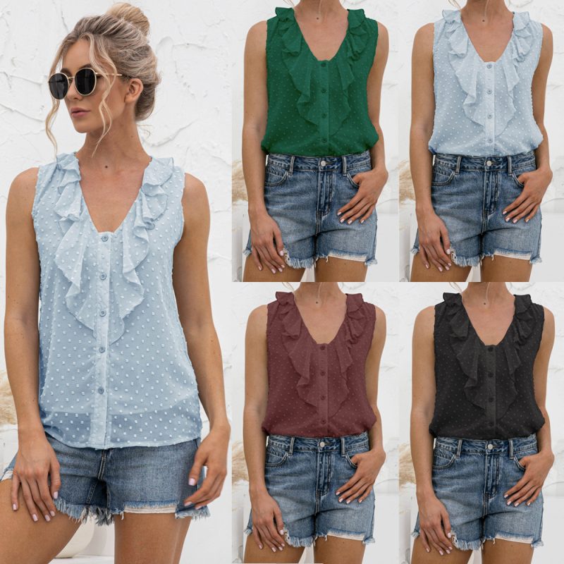 Spring Summer Sexy V-neck Ruffled Spaghetti Straps Button Shirt - Image 5