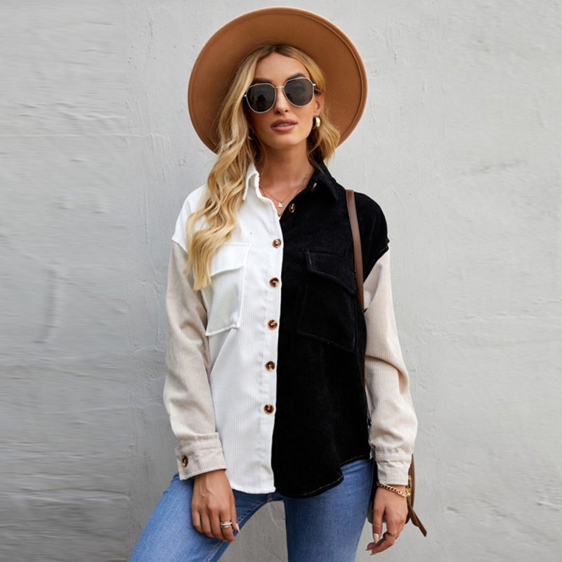 Color Block Stitching Autumn Shirt Women  Loose Long Sleeve Single Breasted Shirt - Image 3