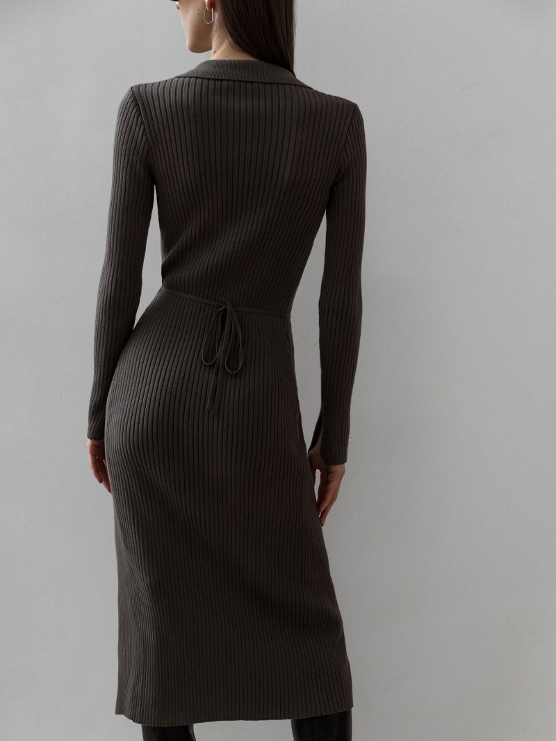 Split Strap Thread Knitted Dress Mid Length Autumn Winter Polo Collar Long Sleeve Sexy Tight Dress - Image 3
