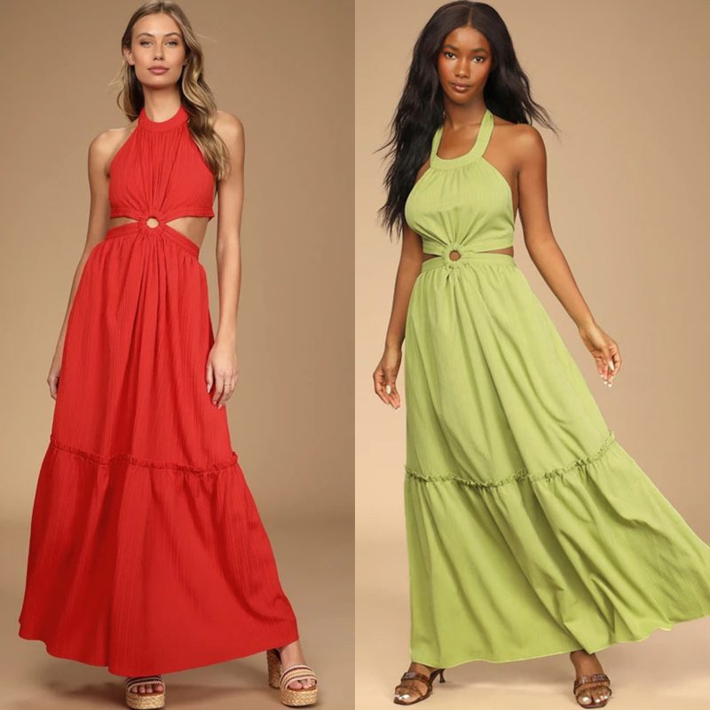 Women Clothing Summer Casual Vacation Halter Lace-up Layered Maxi Dress Tiered Dress - Image 5