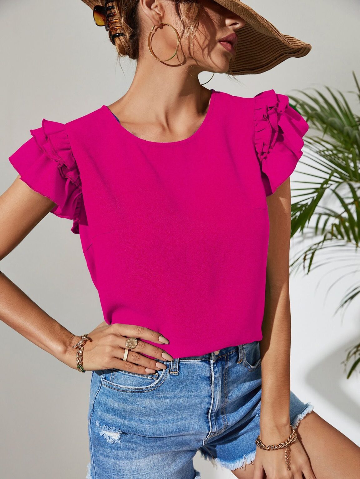 Women Clothing Summer Slim Fit Slimming Top round Neck Shirt - Image 2