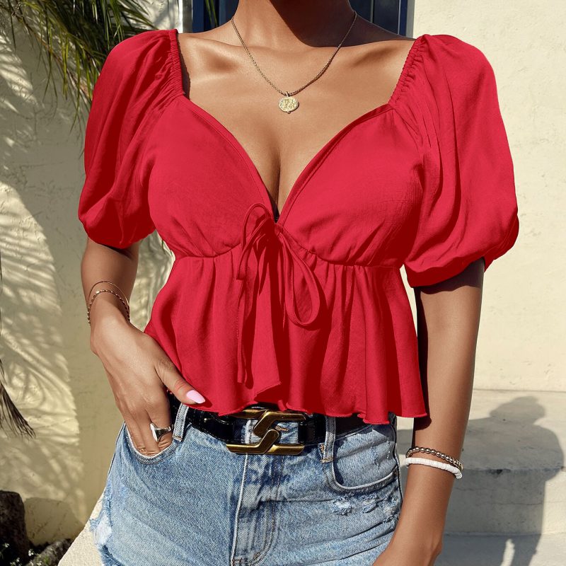 Women  Clothing Exclusive V neck Top Backless Short Sleeve Tied Shirt - Image 4