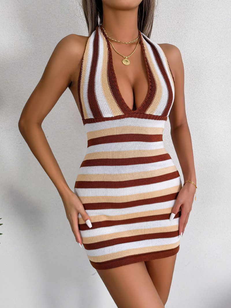 Spring Summer Gradient Color Lace-up Halterneck Backless Holiday Dress Hip - Image 4