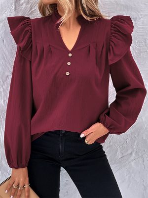 Women Wear Spring Long Sleeved Red Solid Color Shirt Women