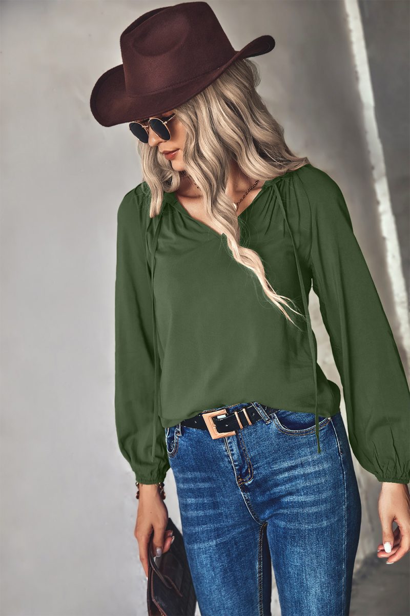 Autumn Winter Solid Color V neck Long Sleeve Top - Image 2