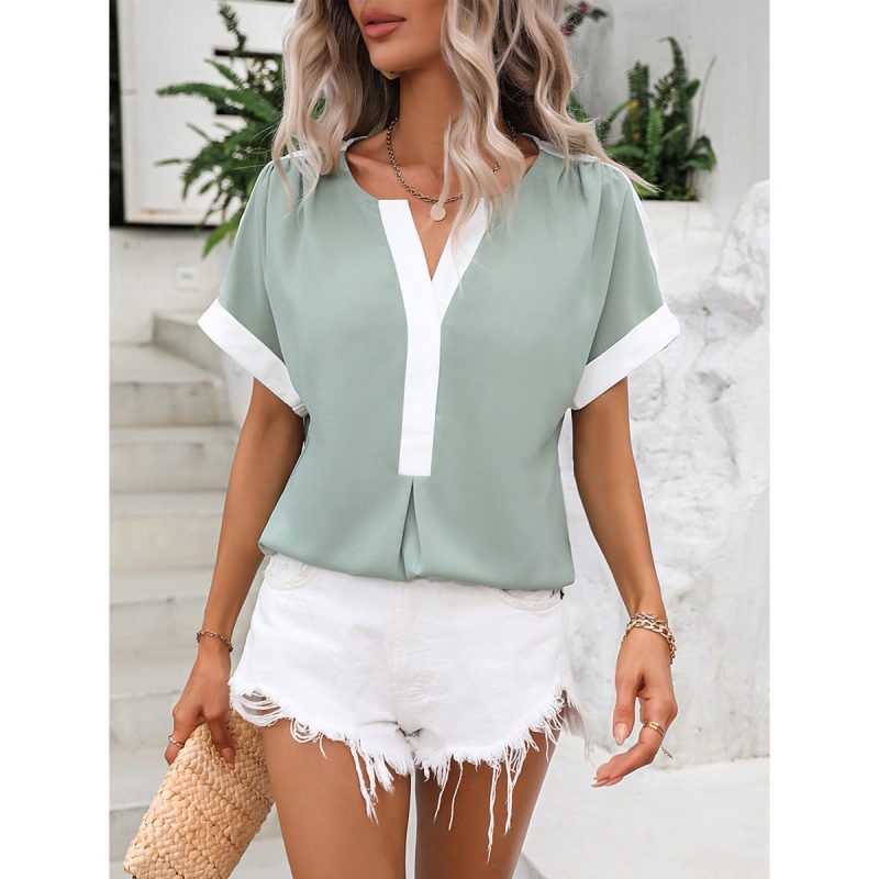 Eaby Shopee Casual Shirt Y Shaped Collar White Green Stitching Short Sleeve Shirt - Image 4