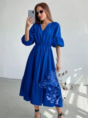 Summer Office Klein Blue Puff Sleeve High Waist A- line Dress Maxi Dress Fashionable Simple Women Dress