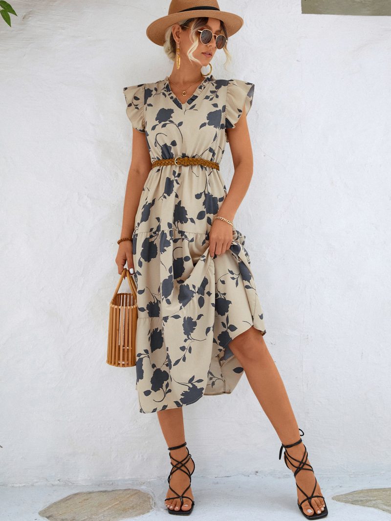 Spring Summer Women Clothing V neck Printed Flying Sleeves Dress