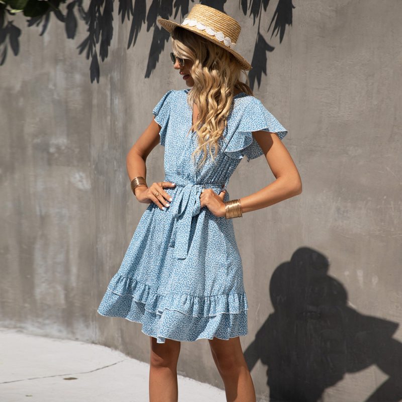 Summer Women V-neck Pullover Ruffle Sleeve Dress Short  for Women - Image 2