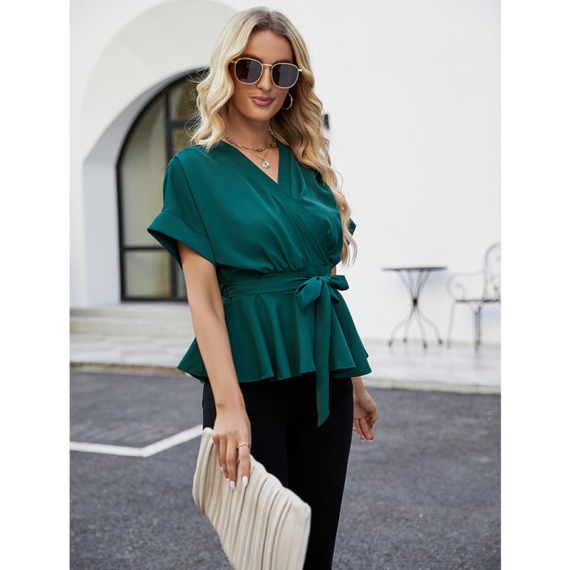 Office Women  Casual Ruffled Waist Slimming Batwing Sleeves Top - Image 2