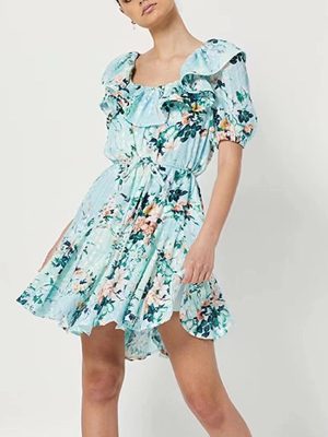 Fresh Blue Vacation Short Autumn Square Collar Ruffled Short Sleeves Waist Slimming Lace up Dress