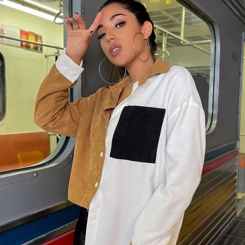 Autumn Winter Long Color Contrast Patchwork Top Pocket Sexy Single-Breasted Long Sleeve Shirt for Women - Image 4
