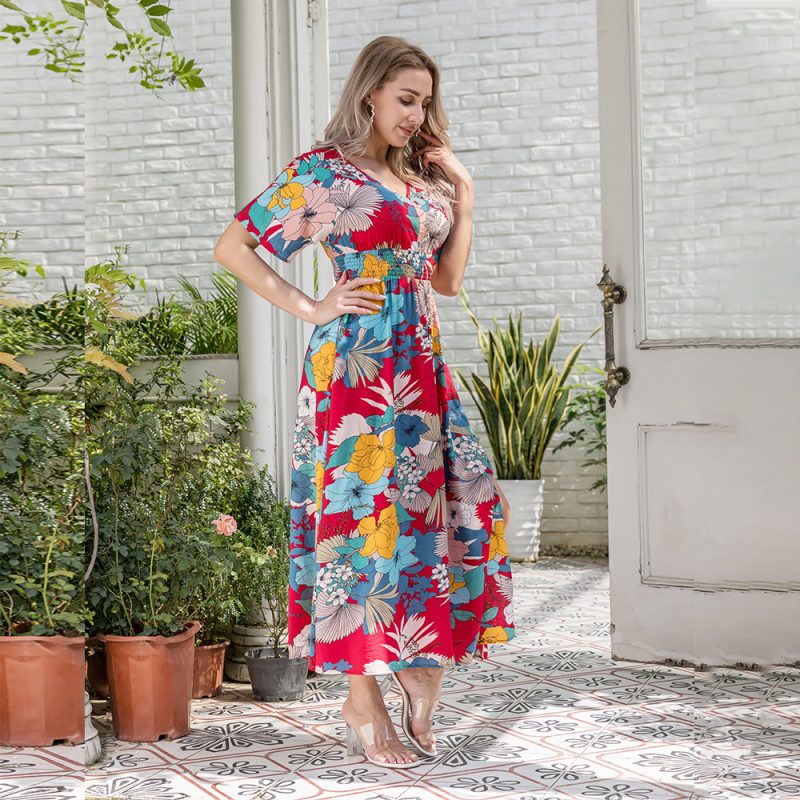 Women Clothing Dress  Women Clothing Printed Short Sleeve Long Pattern Slimming Dress for Women - Image 4