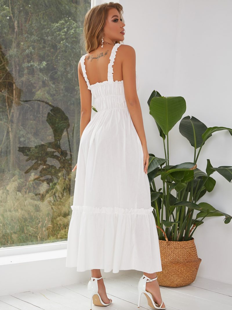 Summer Women  Casual Vacation Wooden Ear Dress Elegant Pleated Sling Large Swing Dress - Image 3