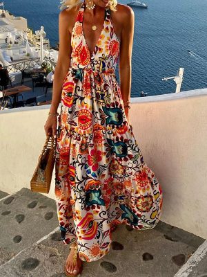 Summer Deep V Plunge Plunge Halter Backless Sleeveless Printed Vacation Beach Dress