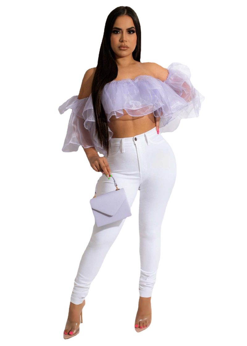 Sexy off-the-Shoulder Short Sleeve Density Mesh Shirt Short Top Women Clothing - Image 4
