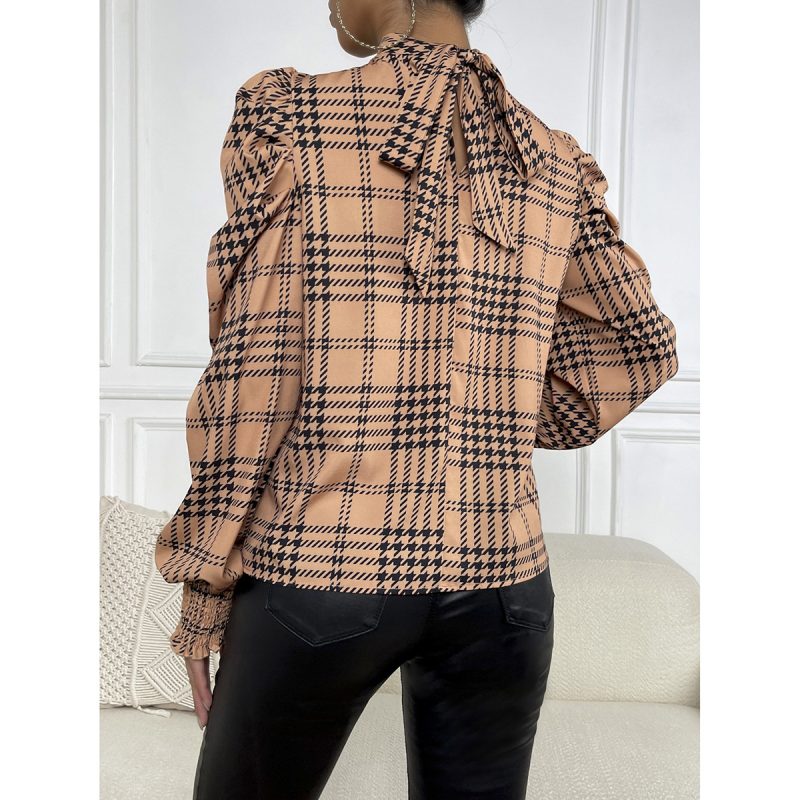 Spring Summer Office Puff Sleeve Houndstooth Printed Top Women - Image 4
