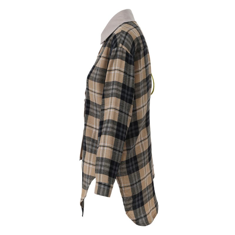 Plaid Stitching Faux Two Piece Single Breasted Long Sleeve Shirt Women Irregular Asymmetric Single Shoulder Suspender Shirt Spring - Image 2