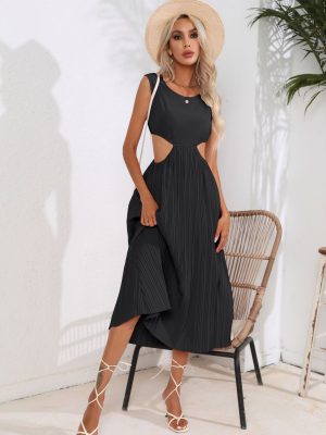 Hollowed Out Cropped Outfit Pleated Dress Sleeveless Swing Mid Length Vest Dress Women Women Clothing