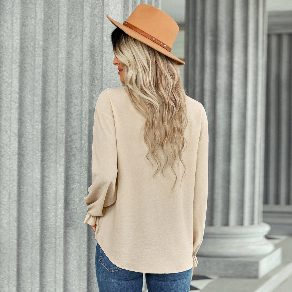 Autumn Winter V-neck Top Women Fastener Decoration Solid Color Shirt - Image 2