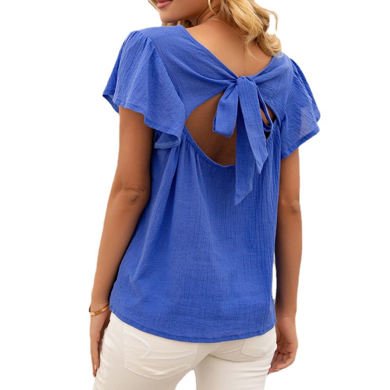 Summer Women Clothing Lotus Leaf Sleeve Hollow Out Cutout Bow Backless Top Women - Image 5
