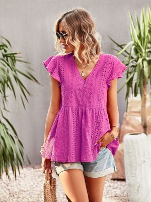 Solid Color  Cutout Shirt Women Summer Office V neck Top